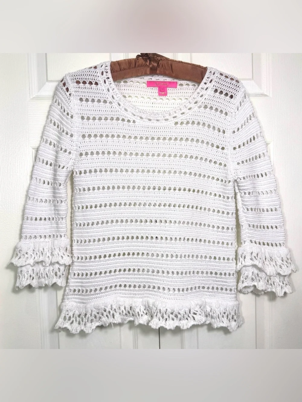 LILLY PULITZER Irina Sweater Resort White Crochet Knit Ruffle Sleeve Pullover S
